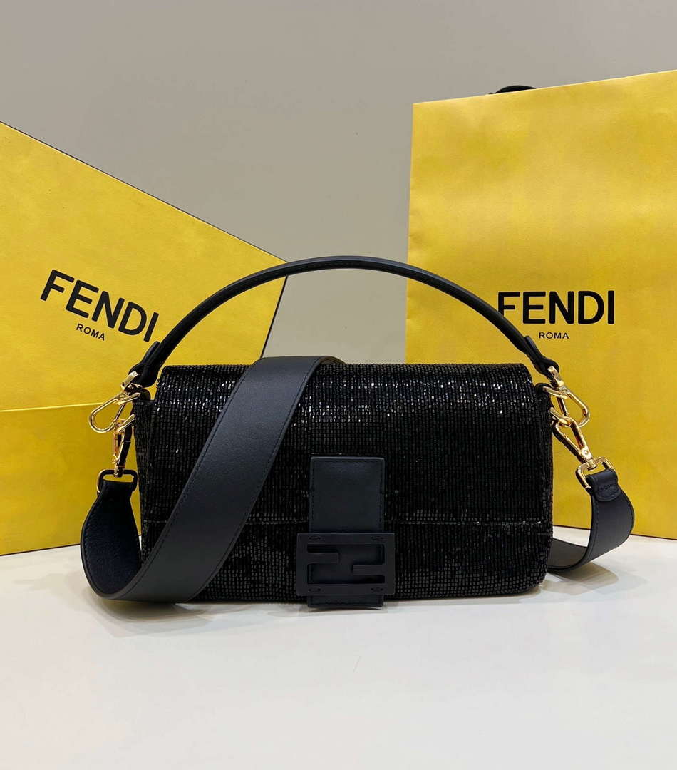 Fendi 8BR600 Medium Baguette Beads Black leather Bag 8599 - Default Title - View 1