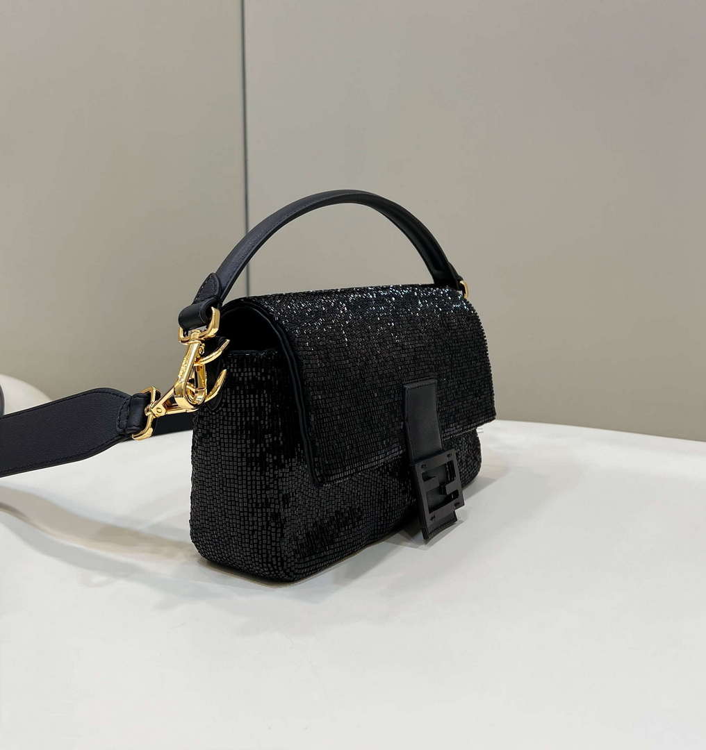 Fendi 8BR600 Medium Baguette Beads Black leather Bag 8599