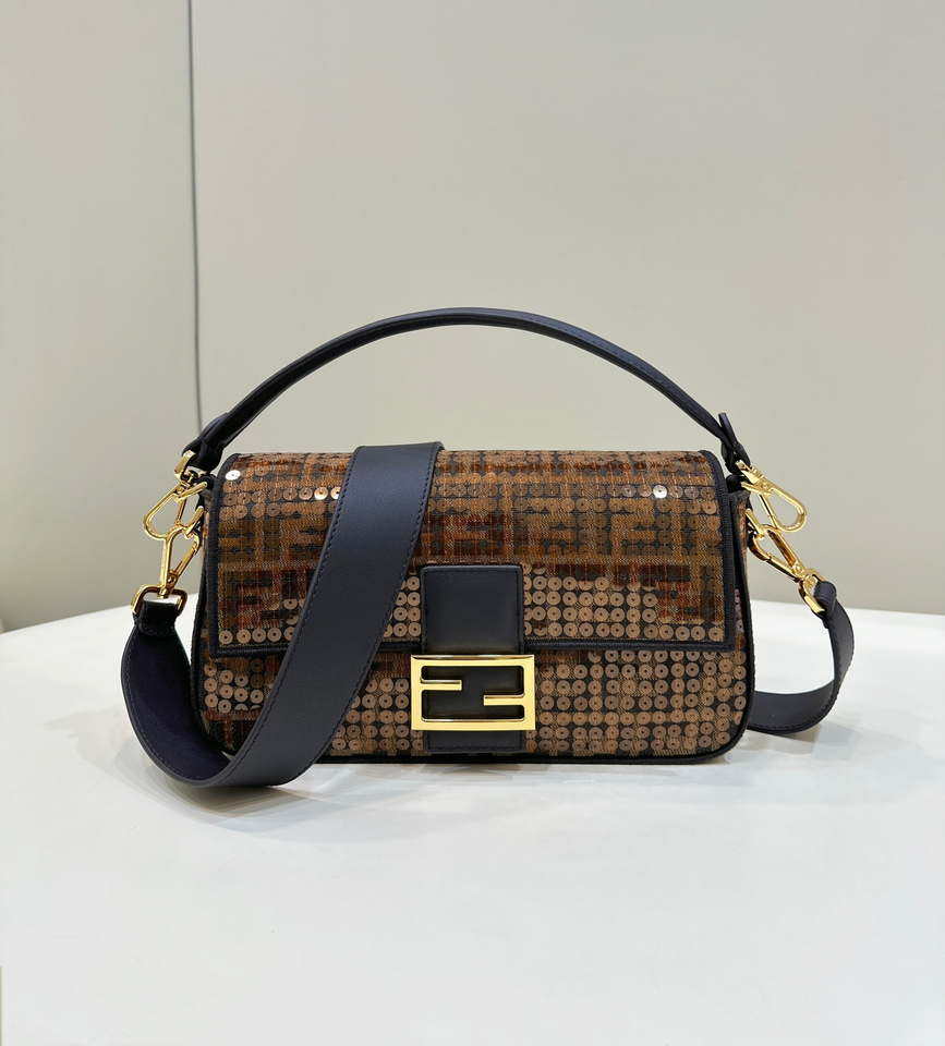 Fendi 8BR600 Medium Baguette Brown FF jacquard fabric bag with sequins - Default Title - View 1