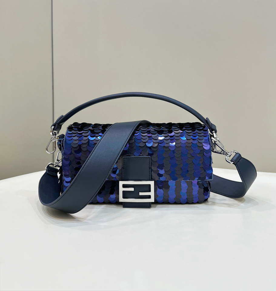 Fendi 8BR600 Medium Baguette Dark and mid blue sequin and leather bag 8601