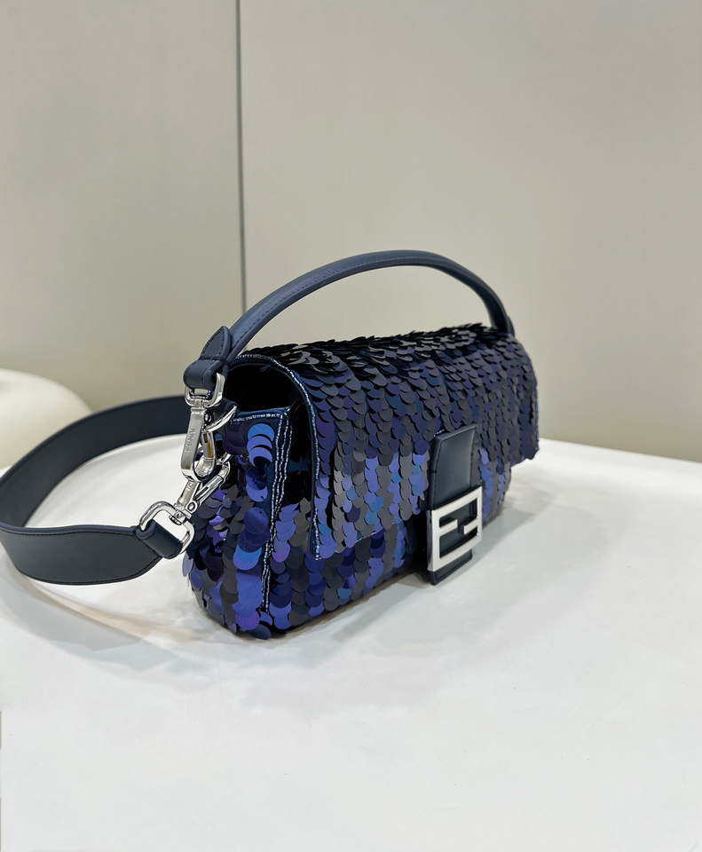 Fendi 8BR600 Medium Baguette Dark and mid blue sequin and leather bag 8601 - Default Title - View 3