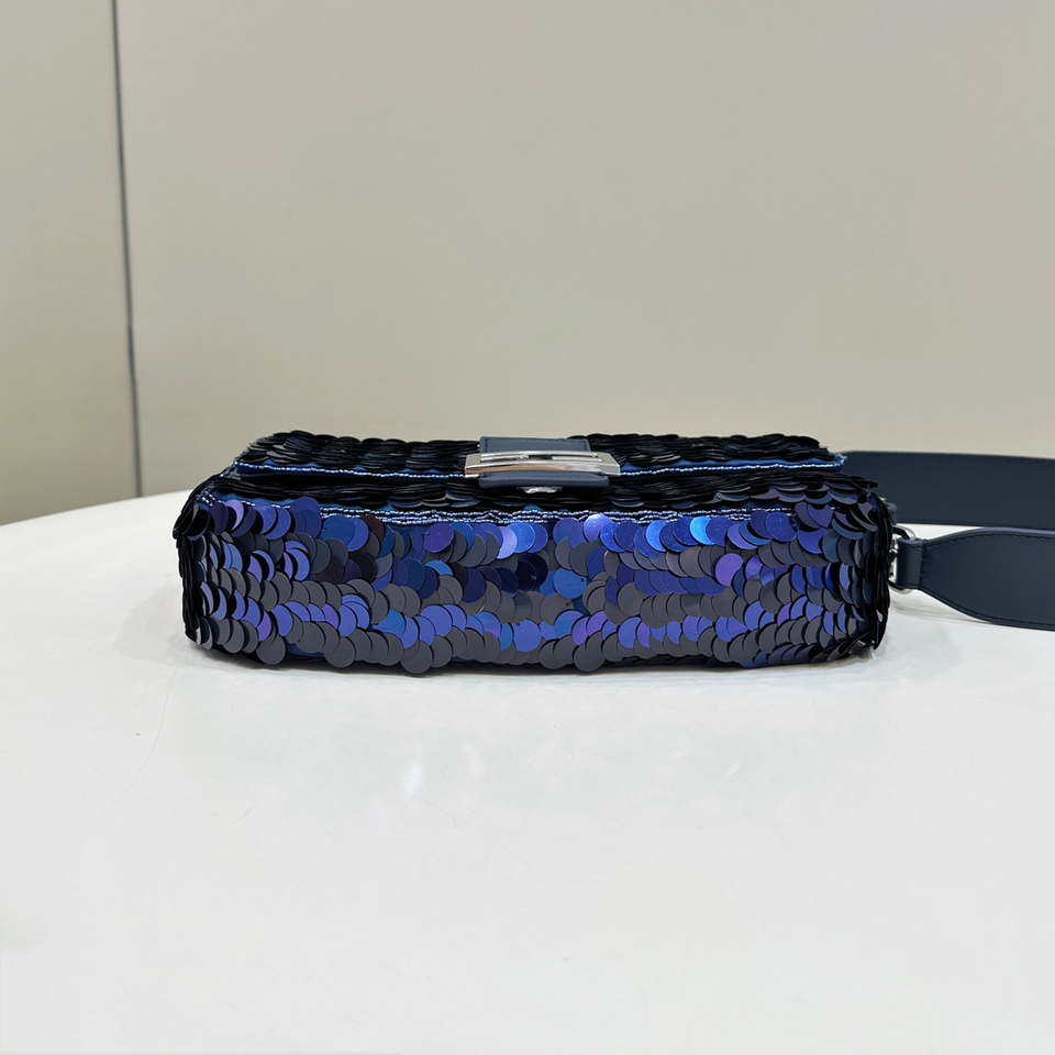 Fendi 8BR600 Medium Baguette Dark and mid blue sequin and leather bag 8601