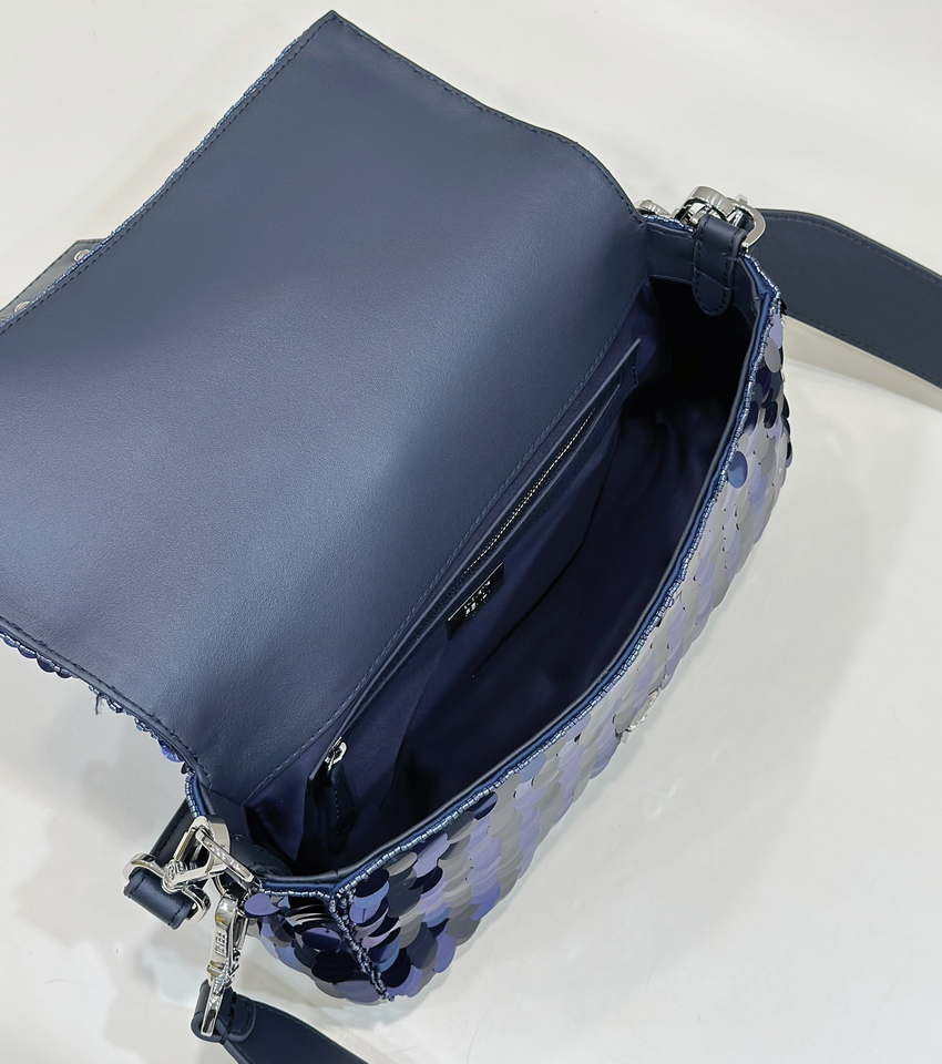 Fendi 8BR600 Medium Baguette Dark and mid blue sequin and leather bag 8601