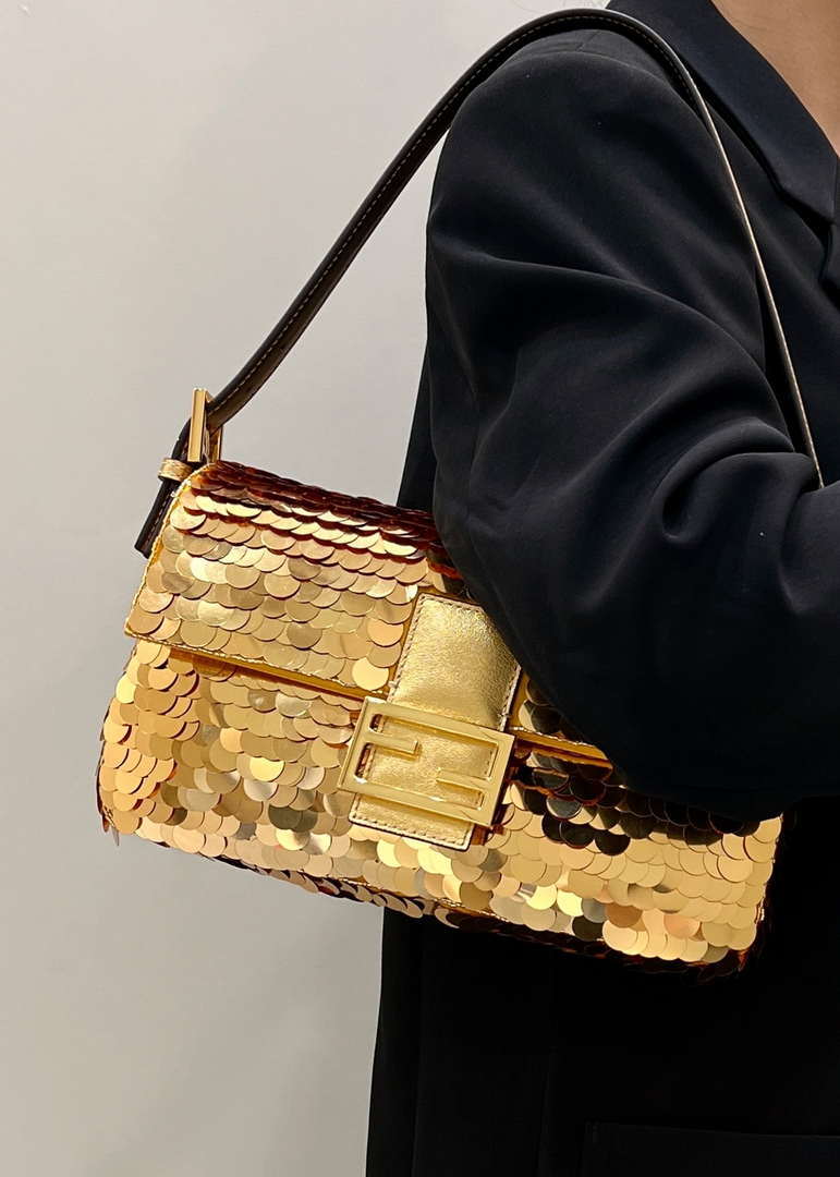 Fendi 8BR600 Medium Baguette Gold sequin and leather bag 8582 - Default Title - View 1