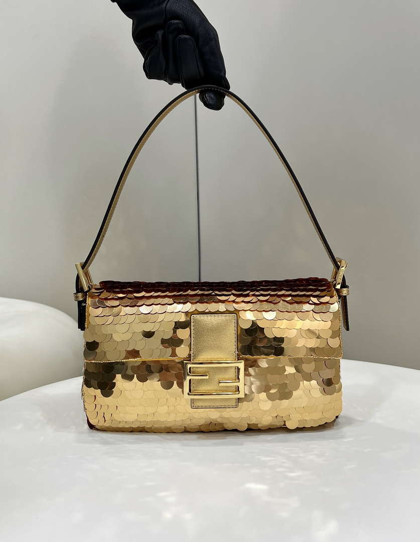 Fendi 8BR600 Medium Baguette Gold sequin and leather bag 8582