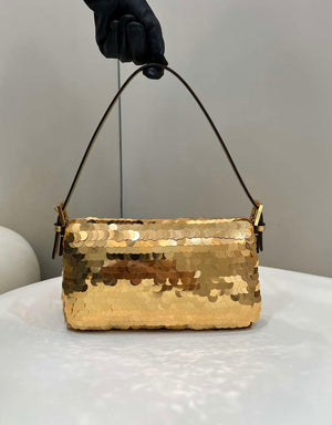 Fendi 8BR600 Medium Baguette Gold sequin and leather bag 8582 - Default Title - View 6