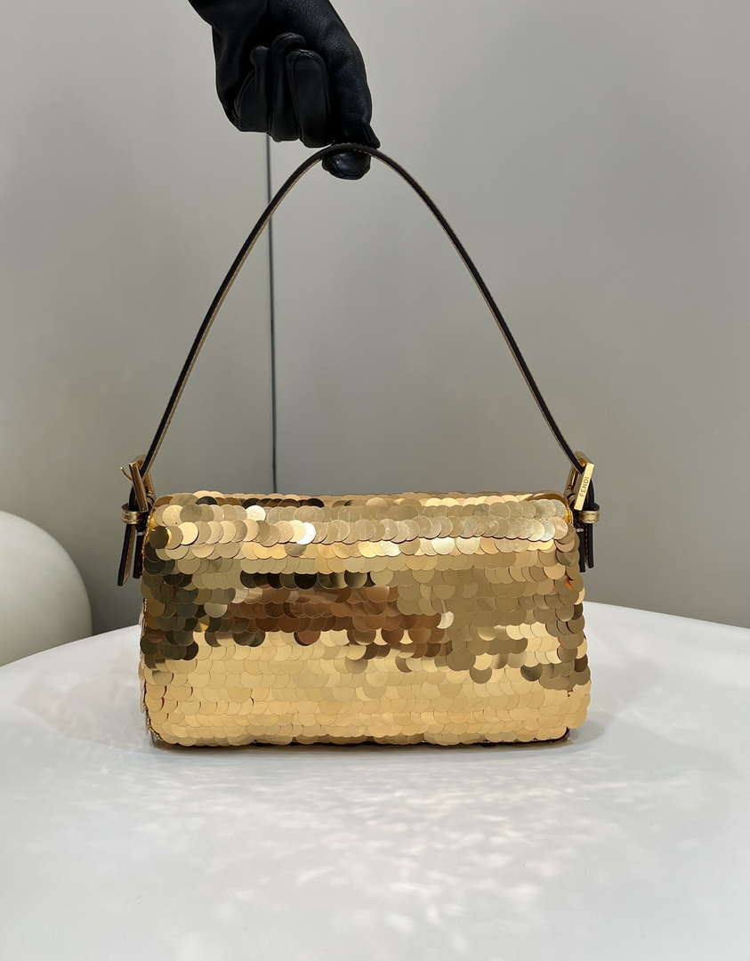 Fendi 8BR600 Medium Baguette Gold sequin and leather bag 8582