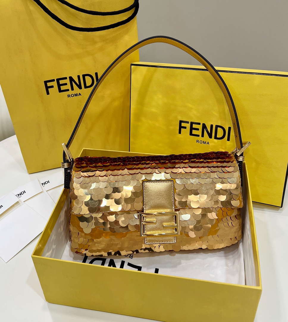 Fendi 8BR600 Medium Baguette Gold sequin and leather bag 8582