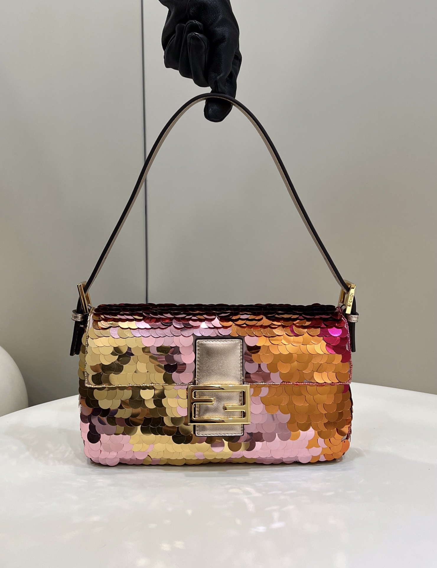 Fendi 8BR600 Medium Baguette Pink and Gold sequin and leather bag 8582 - Default Title - View 4