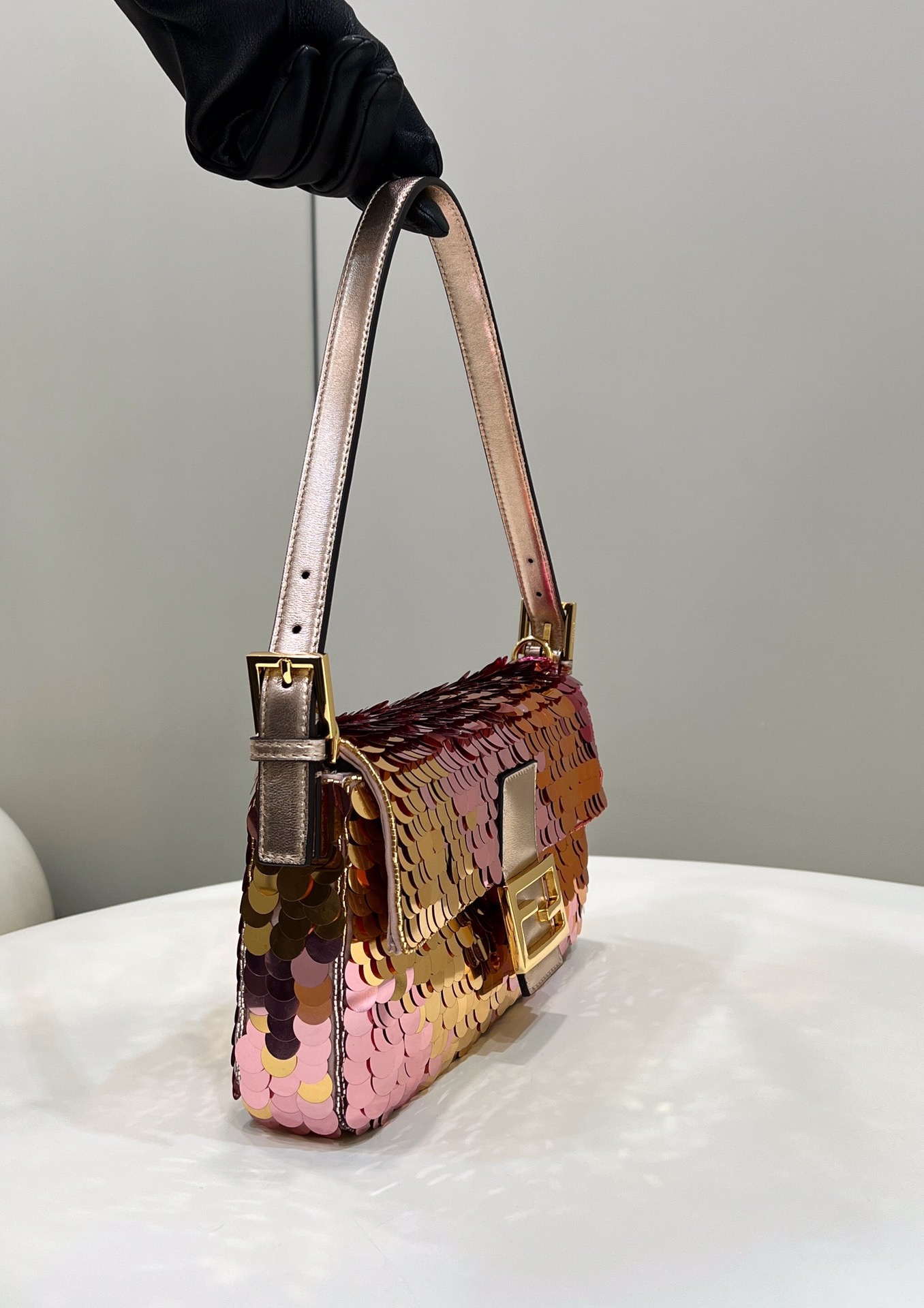 Fendi 8BR600 Medium Baguette Pink and Gold sequin and leather bag 8582 - Default Title - View 5