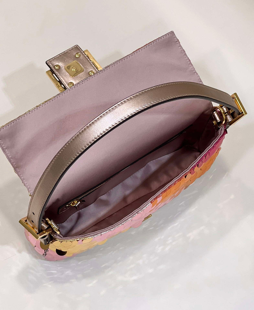 Fendi 8BR600 Medium Baguette Pink and Gold sequin and leather bag 8582
