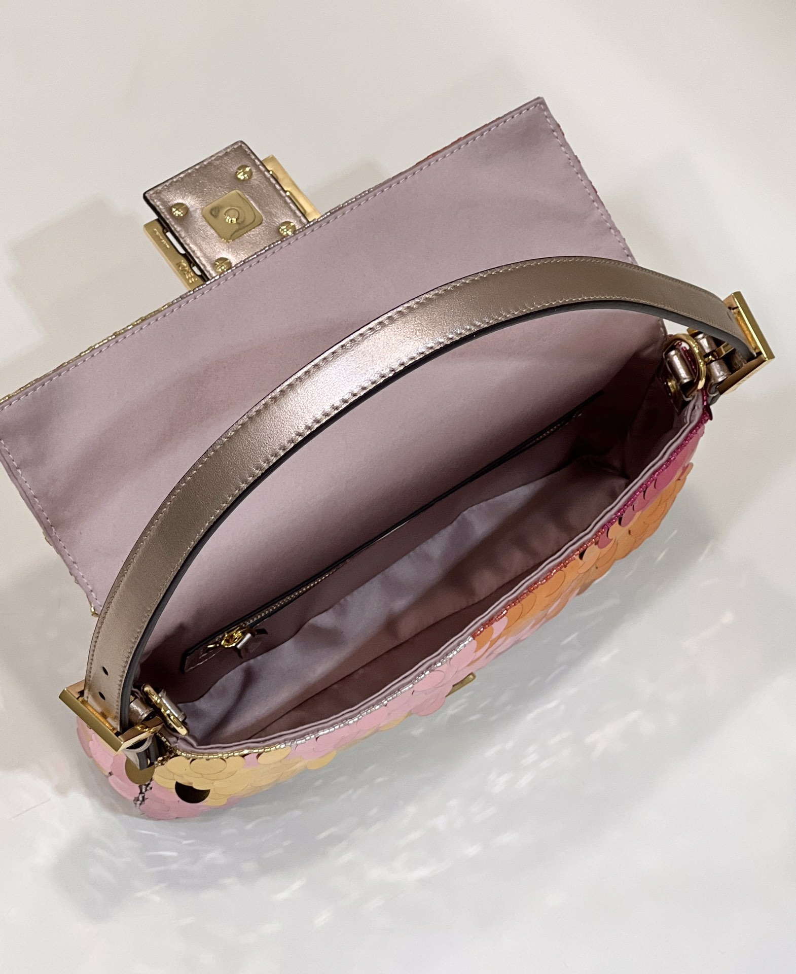 Fendi 8BR600 Medium Baguette Pink and Gold sequin and leather bag 8582