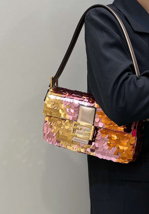 Fendi 8BR600 Medium Baguette Pink and Gold sequin and leather bag 8582 - Default Title - View 1