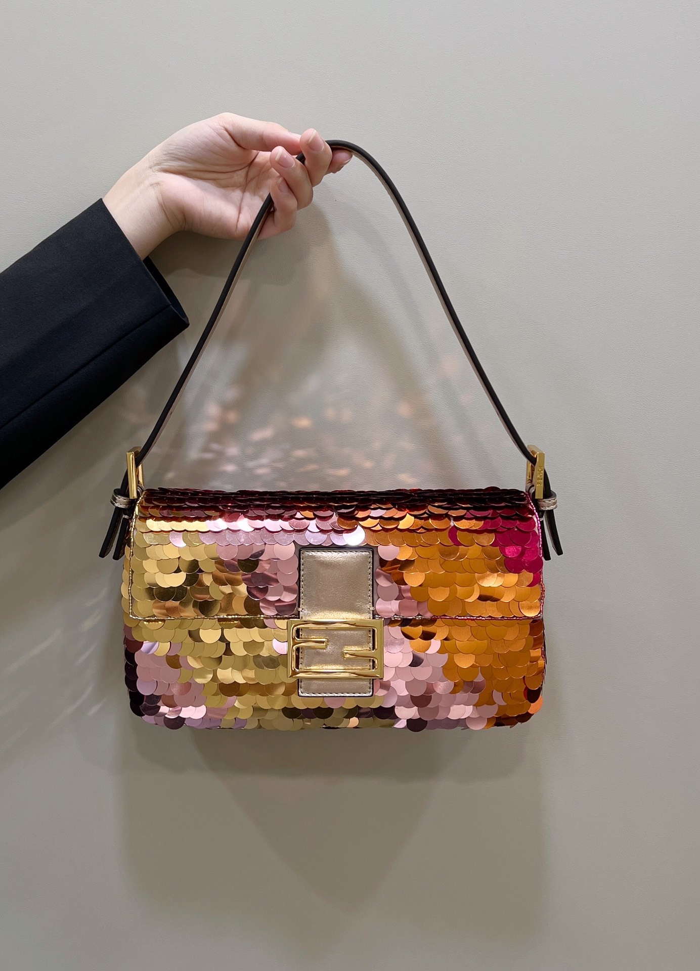 Fendi 8BR600 Medium Baguette Pink and Gold sequin and leather bag 8582 - Default Title - View 6