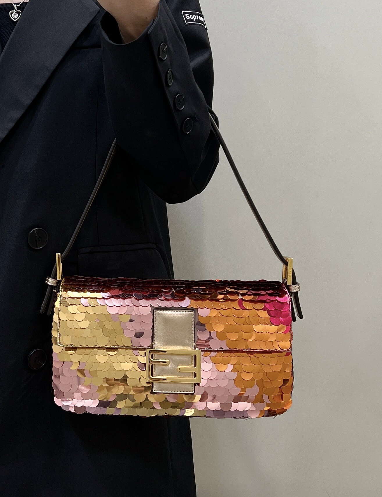Fendi 8BR600 Medium Baguette Pink and Gold sequin and leather bag 8582 - Default Title - View 3