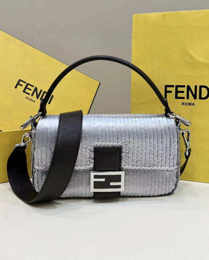 Fendi 8BR600 Medium Baguette Silver sequin and leather bag 8601 - Default Title - View 1