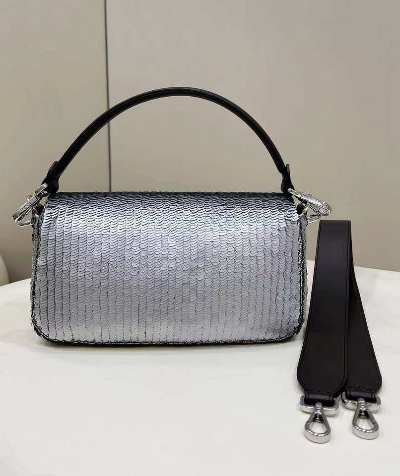 Fendi 8BR600 Medium Baguette Silver sequin and leather bag 8601