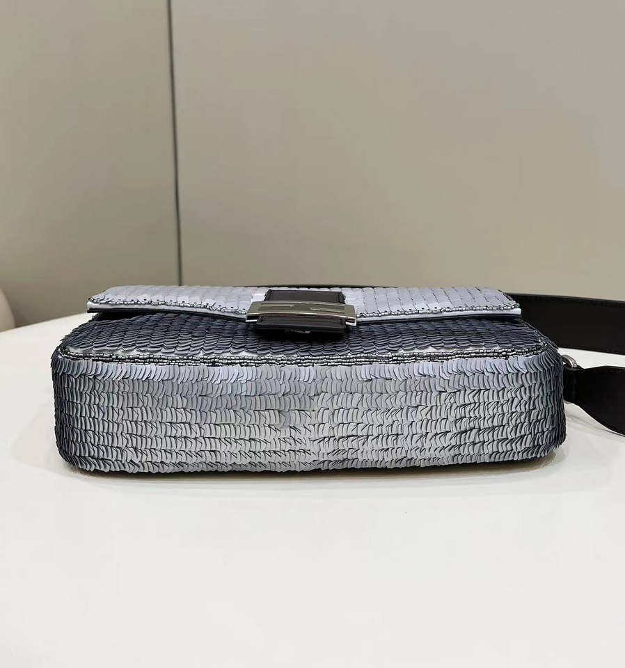 Fendi 8BR600 Medium Baguette Silver sequin and leather bag 8601
