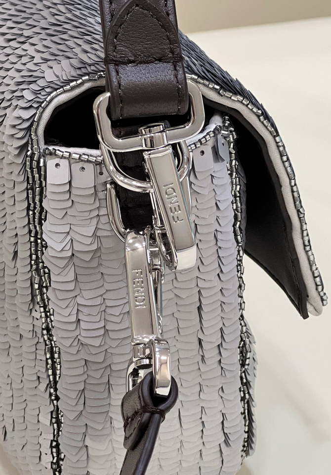 Fendi 8BR600 Medium Baguette Silver sequin and leather bag 8601