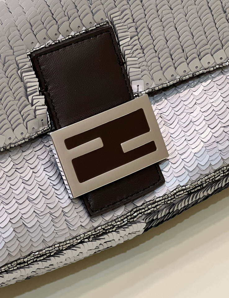 Fendi 8BR600 Medium Baguette Silver sequin and leather bag 8601