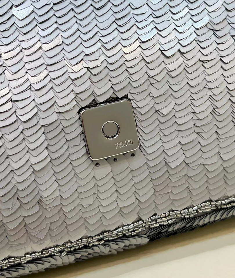 Fendi 8BR600 Medium Baguette Silver sequin and leather bag 8601 - Default Title - View 7