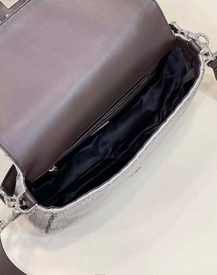 Fendi 8BR600 Medium Baguette Silver sequin and leather bag 8601 - Default Title - View 9