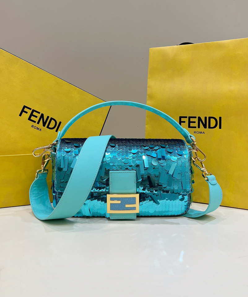 Fendi 8BR600 Medium Baguette Turquoise sequin and leather bag 8601 - Default Title - View 1