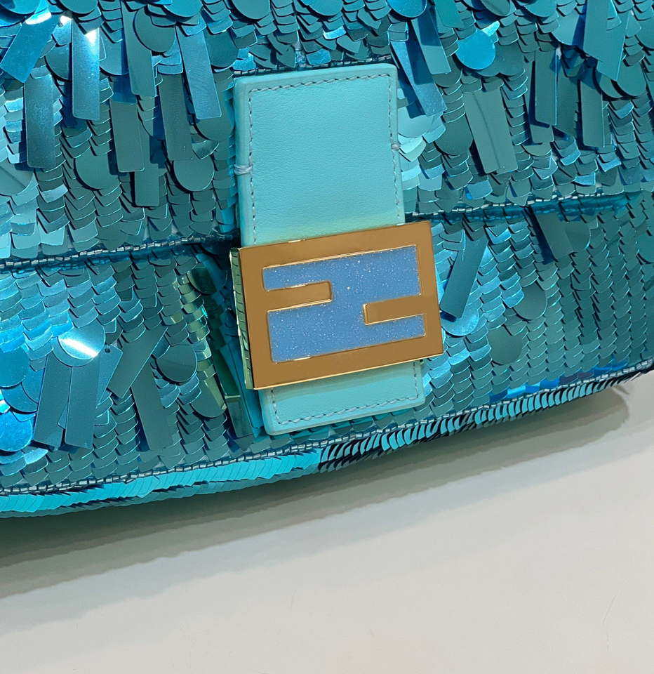 Fendi 8BR600 Medium Baguette Turquoise sequin and leather bag 8601 - Default Title - View 5