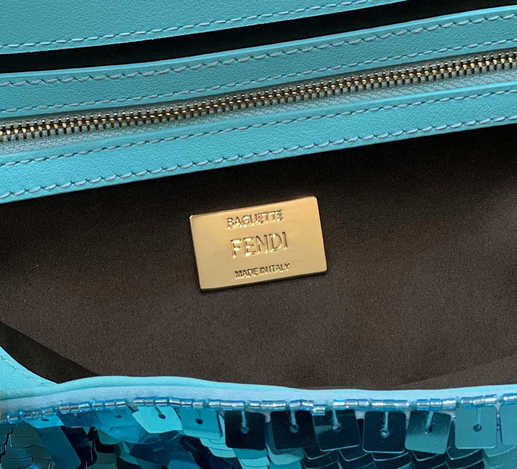 Fendi 8BR600 Medium Baguette Turquoise sequin and leather bag 8601 - Default Title - View 6