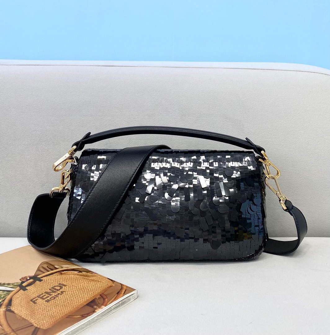 Fendi 8BR792 Medium Baguette 1997 Black Satin Bag with Sequins