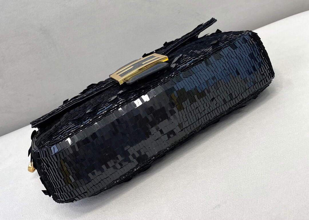Fendi 8BR792 Medium Baguette 1997 Black Satin Bag with Sequins