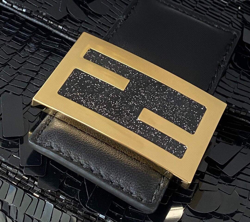 Fendi 8BR792 Medium Baguette 1997 Black Satin Bag with Sequins
