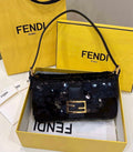 Fendi 8BR792 Medium Baguette 1997 Black Satin Bag with Sequins 8528