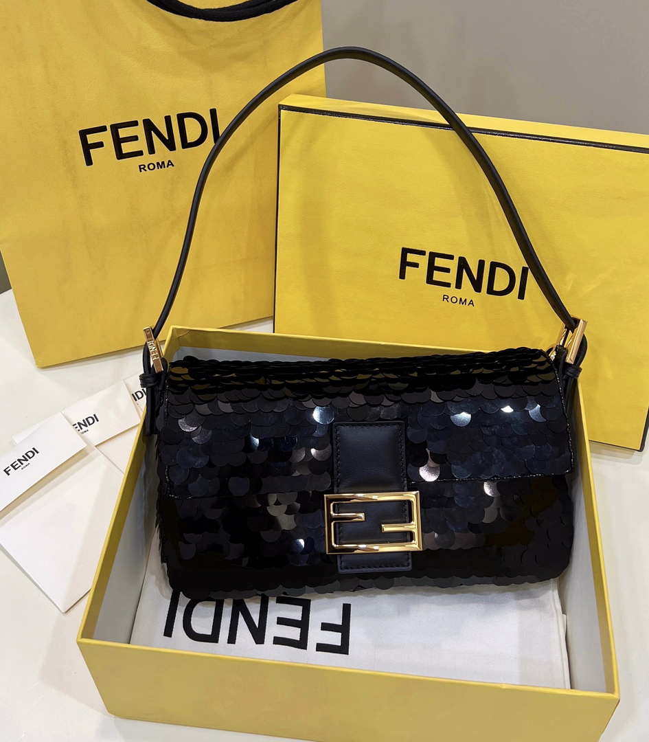 Fendi 8BR792 Medium Baguette 1997 Black Satin Bag with Sequins 8528 - Default Title - View 1