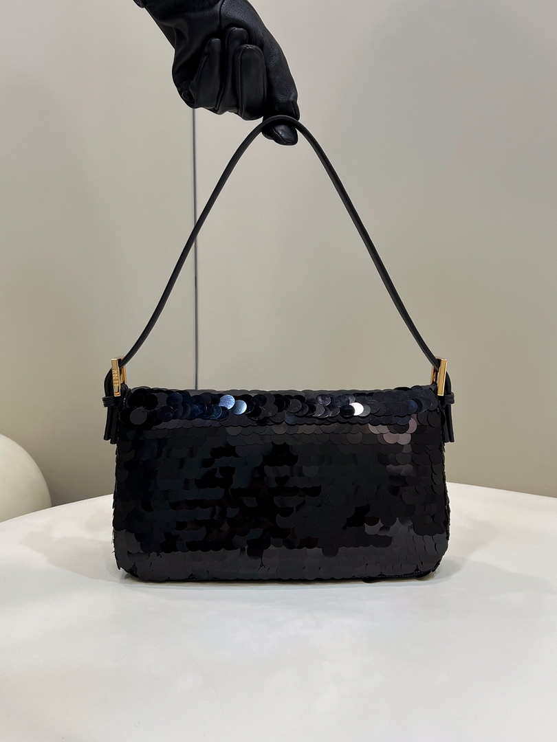 Fendi 8BR792 Medium Baguette 1997 Black Satin Bag with Sequins 8528