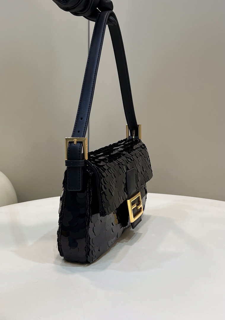 Fendi 8BR792 Medium Baguette 1997 Black Satin Bag with Sequins 8528 - Default Title - View 3