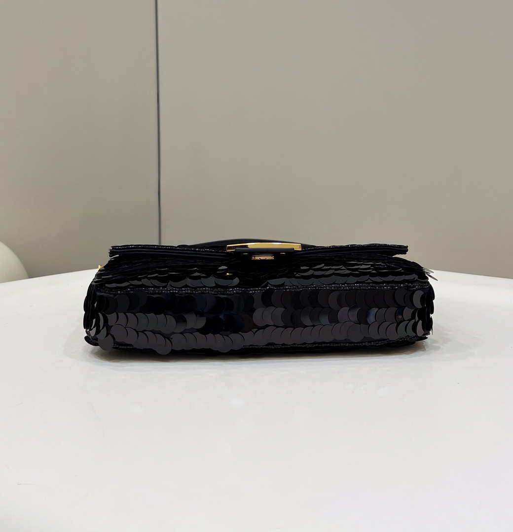 Fendi 8BR792 Medium Baguette 1997 Black Satin Bag with Sequins 8528