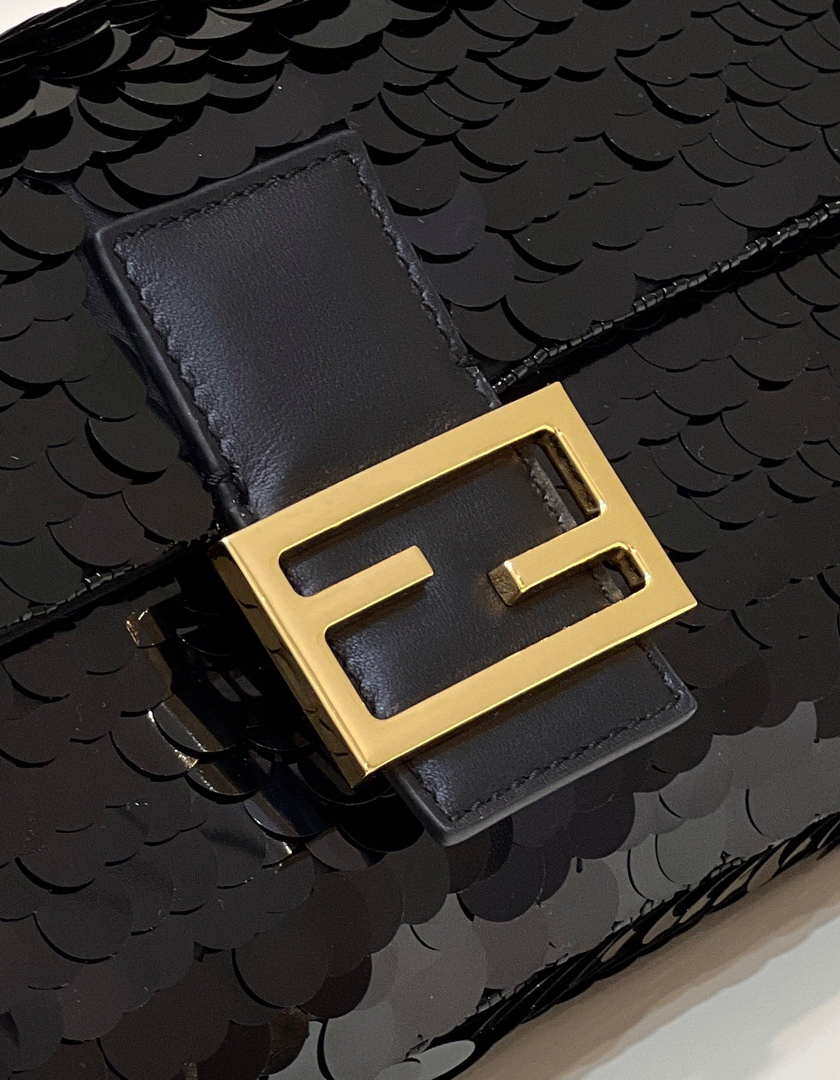 Fendi 8BR792 Medium Baguette 1997 Black Satin Bag with Sequins 8528