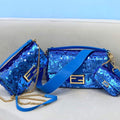 Fendi 8BR792 Medium Baguette 1997 Blue Satin Bag with Sequins 0127L