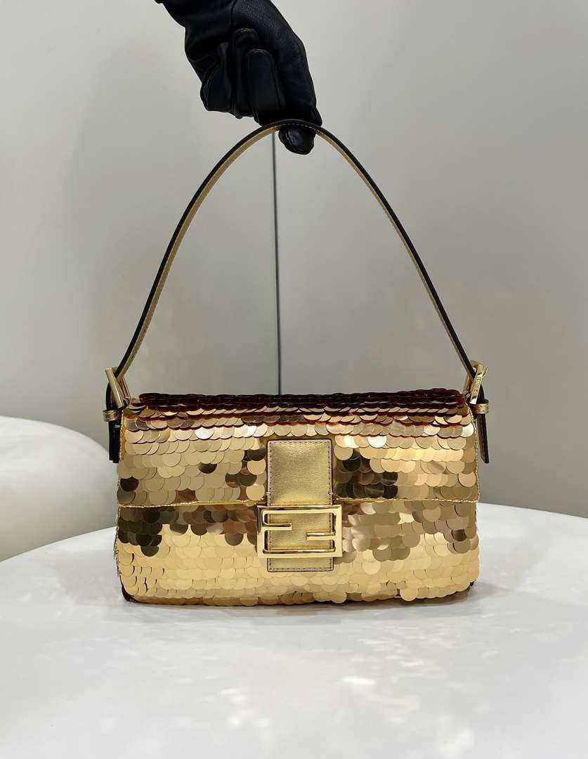 Fendi 8BR792 Medium Baguette 1997 Gold Satin Bag with Sequins 8528 - Default Title - View 1