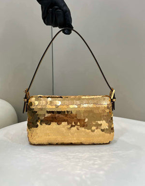 Fendi 8BR792 Medium Baguette 1997 Gold Satin Bag with Sequins 8528 - Default Title - View 2