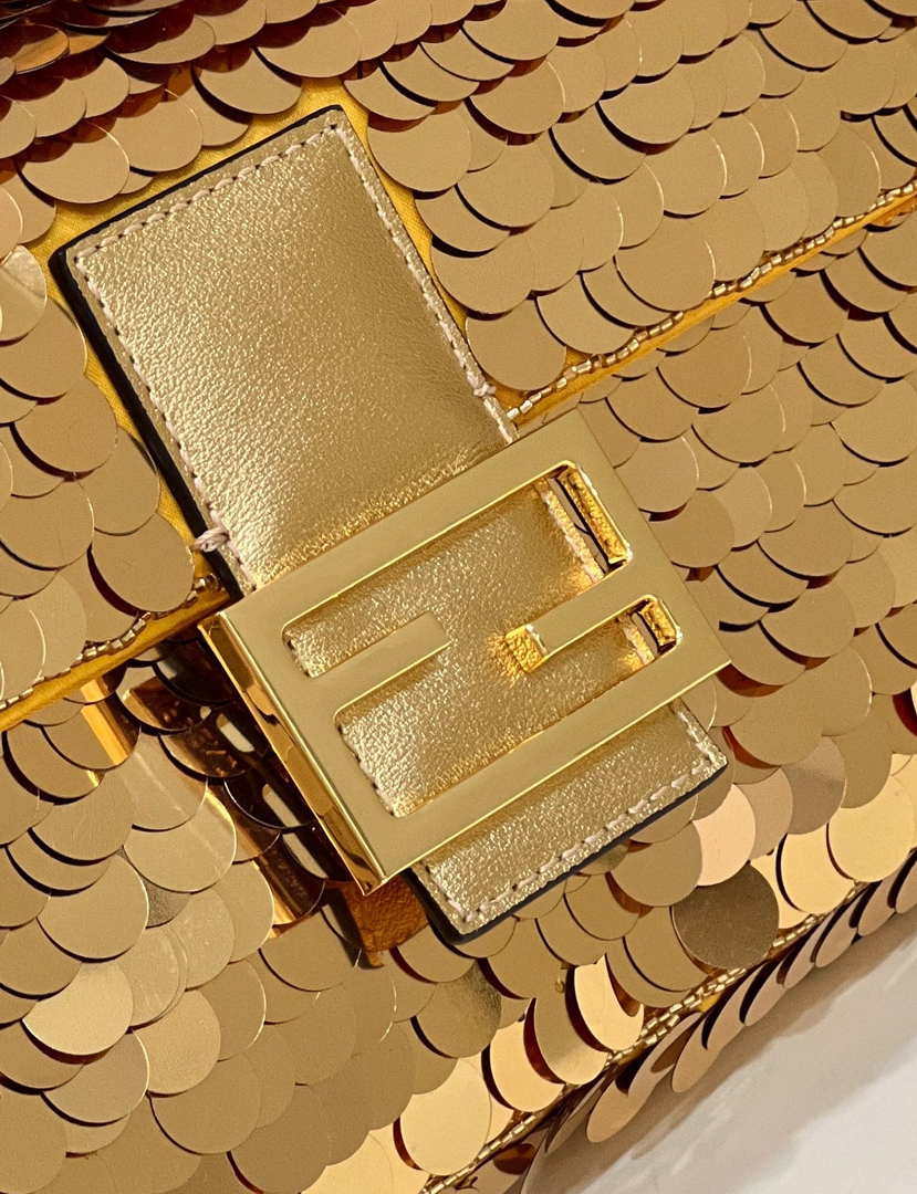 Fendi 8BR792 Medium Baguette 1997 Gold Satin Bag with Sequins 8528