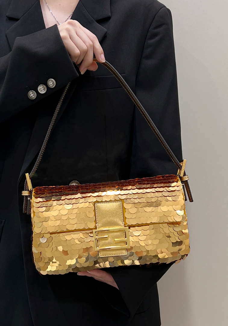 Fendi 8BR792 Medium Baguette 1997 Gold Satin Bag with Sequins 8528