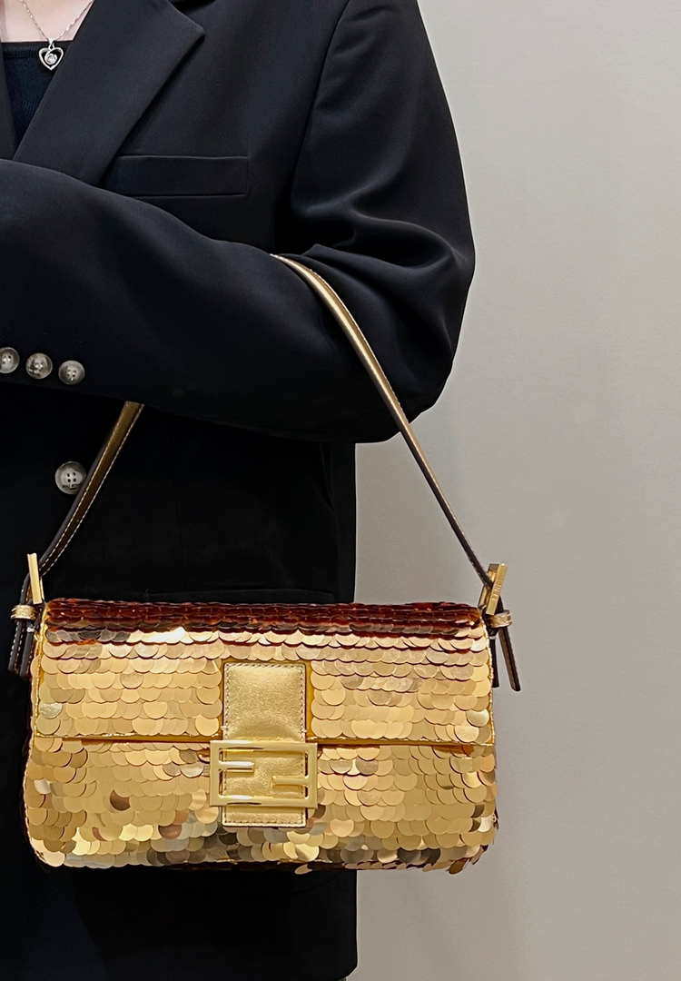 Fendi 8BR792 Medium Baguette 1997 Gold Satin Bag with Sequins 8528