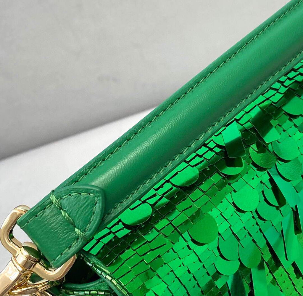 Fendi 8BS049 Mini Baguette 1997 Green Satin Bag with Sequins 0127S