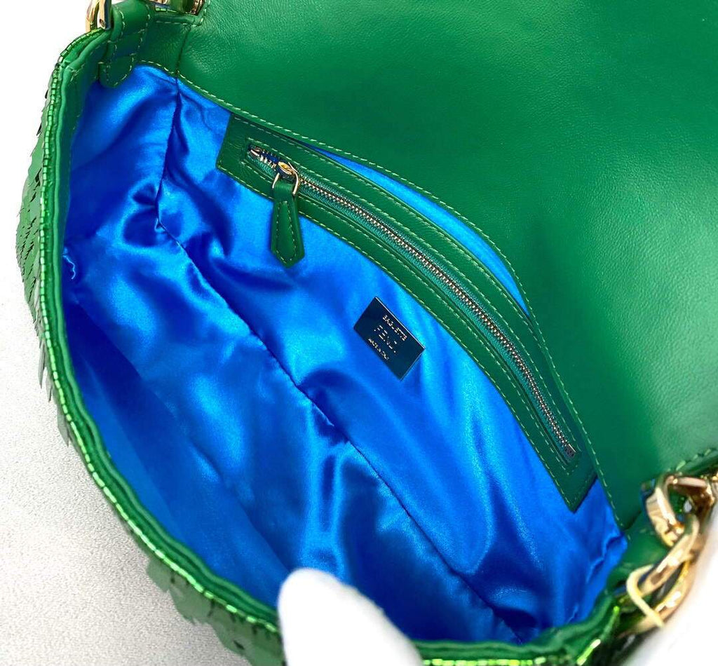 Fendi 8BS049 Mini Baguette 1997 Green Satin Bag with Sequins 0127S