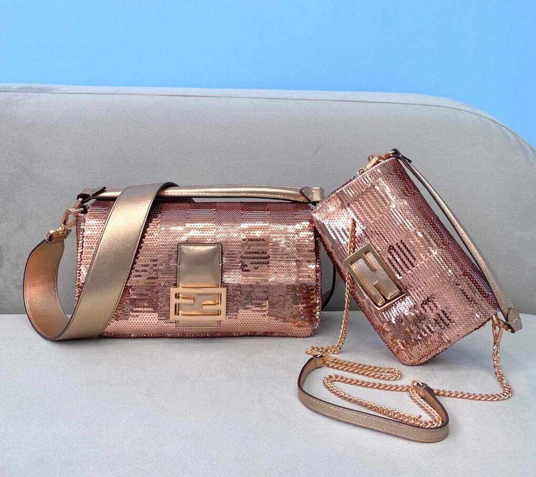 Fendi 8BR792 Medium Baguette 1997 Pink Satin Bag with Sequins 0127L