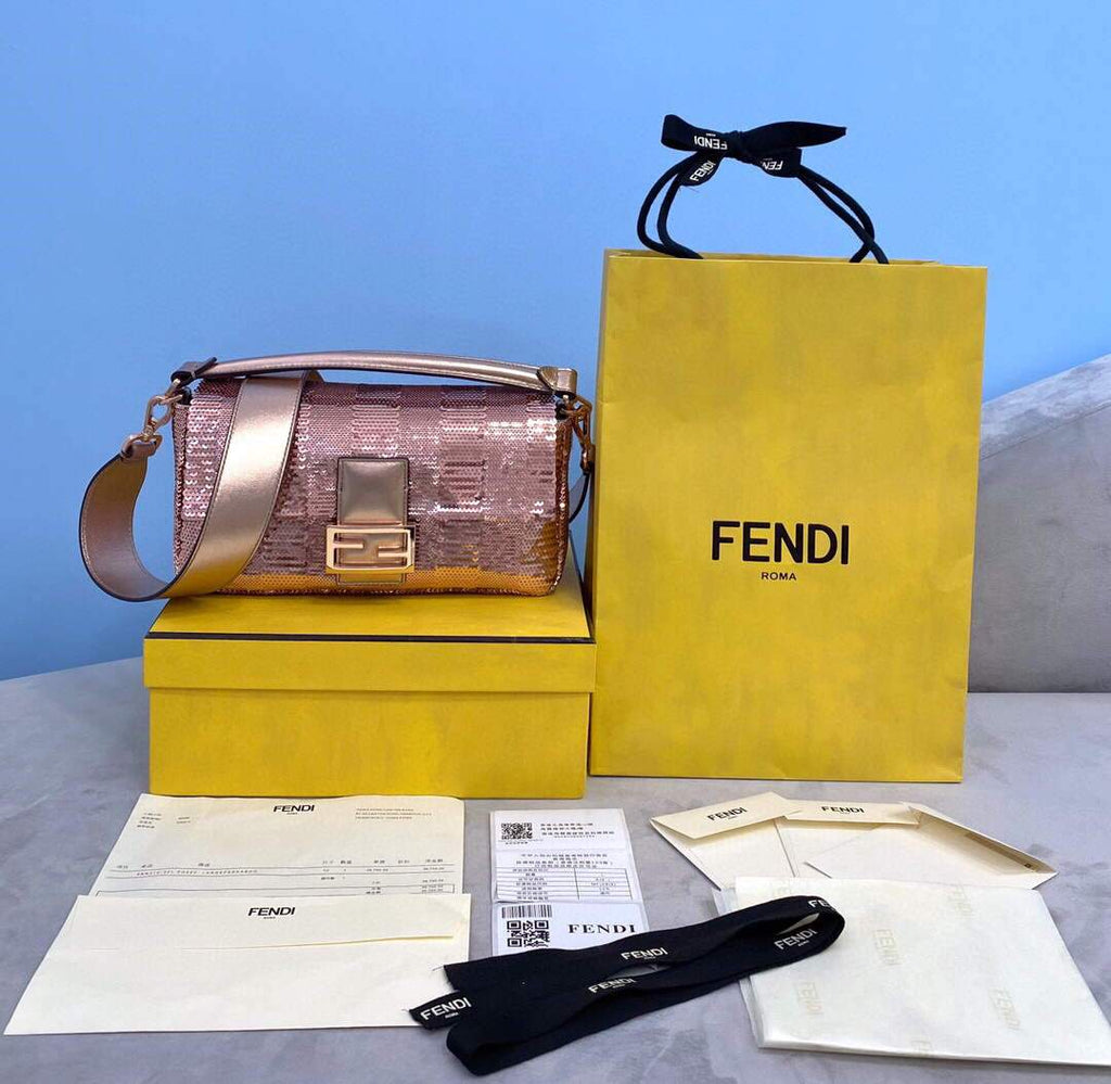 Fendi 8BR792 Medium Baguette 1997 Pink Satin Bag with Sequins 0127L