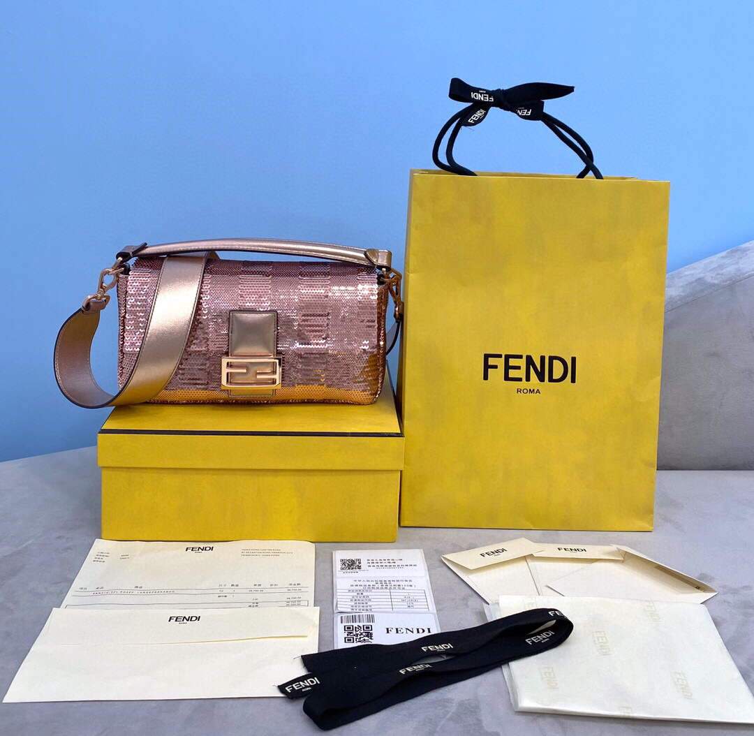 Fendi 8BR792 Medium Baguette 1997 Pink Satin Bag with Sequins 0127L