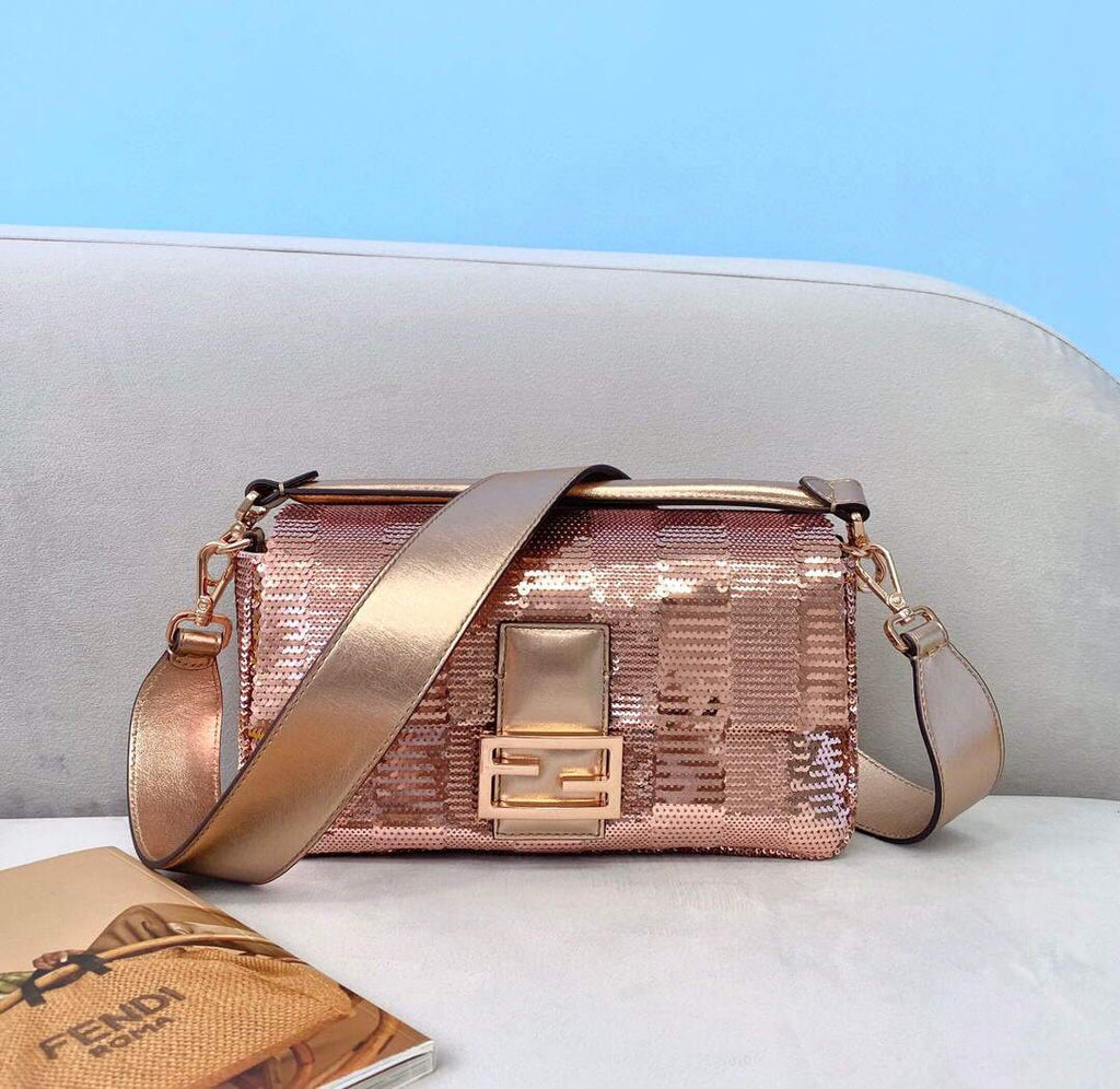 Fendi 8BR792 Medium Baguette 1997 Pink Satin Bag with Sequins 0127L